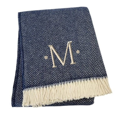 55" X 70" Navy Blue And White Herringbone Cotton Blend S Initial Throw Blanket with Tassels And Embroidery HomeRoots
