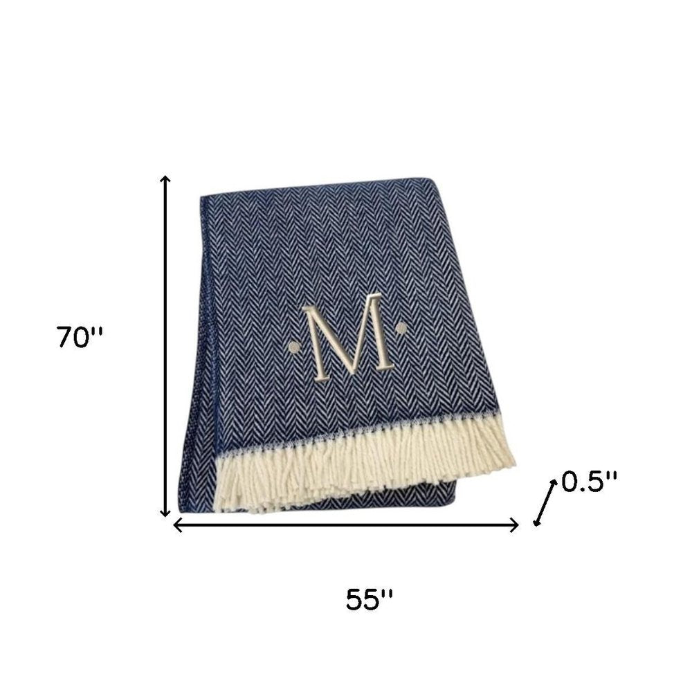 55" X 70" Navy Blue And White Herringbone Cotton Blend S Initial Throw Blanket with Tassels And Embroidery HomeRoots