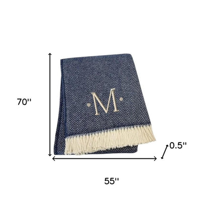 55" X 70" Navy Blue And White Herringbone Cotton Blend S Initial Throw Blanket with Tassels And Embroidery HomeRoots