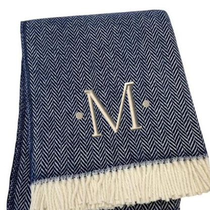 55" X 70" Navy Blue And White Herringbone Cotton Blend S Initial Throw Blanket with Tassels And Embroidery HomeRoots