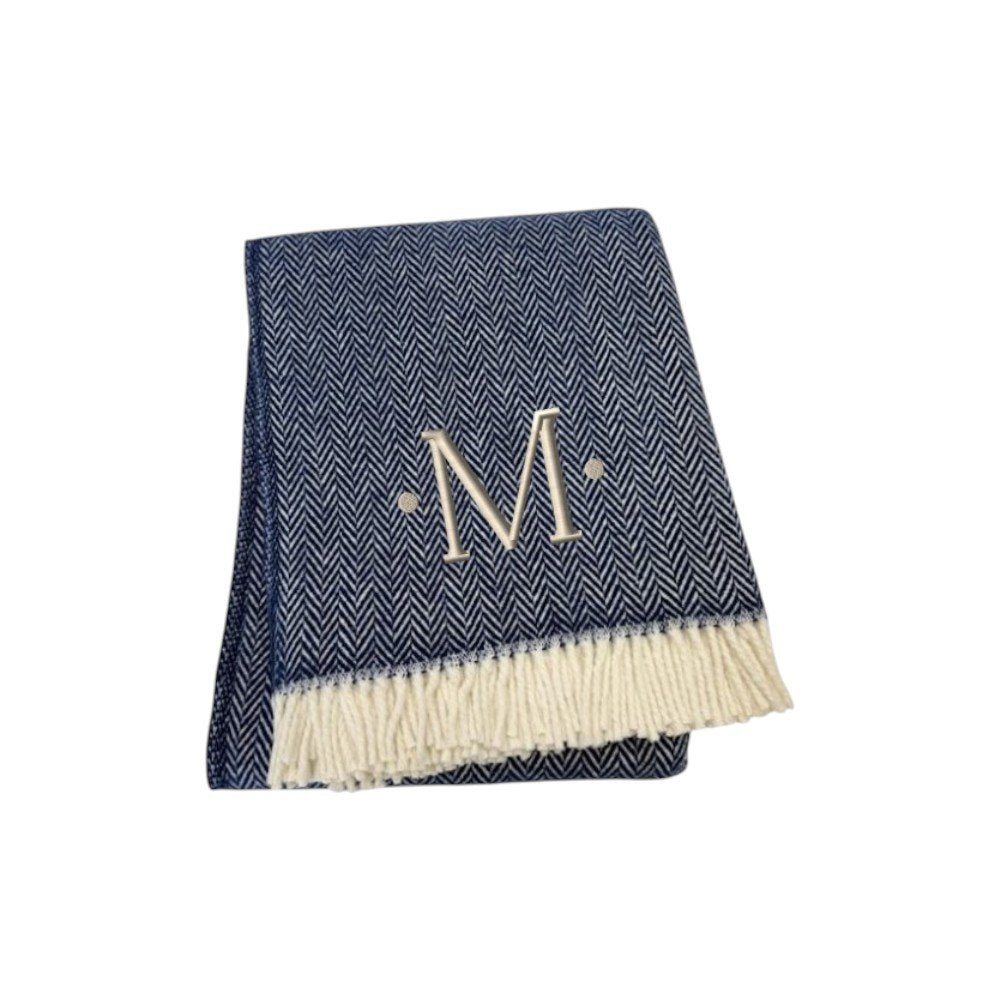 55" X 70" Navy Blue And White Herringbone Cotton Blend S Initial Throw Blanket with Tassels And Embroidery HomeRoots