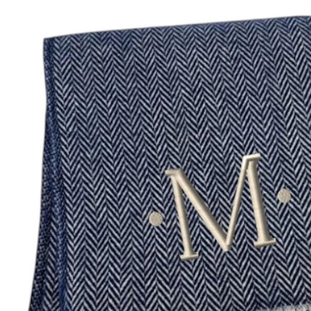 55" X 70" Navy Blue And White Herringbone Cotton Blend S Initial Throw Blanket with Tassels And Embroidery HomeRoots