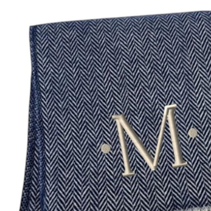 55" X 70" Navy Blue And White Herringbone Cotton Blend S Initial Throw Blanket with Tassels And Embroidery HomeRoots