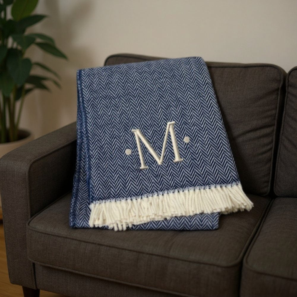 55" X 70" Navy Blue And White Herringbone Cotton Blend S Initial Throw Blanket with Tassels And Embroidery HomeRoots