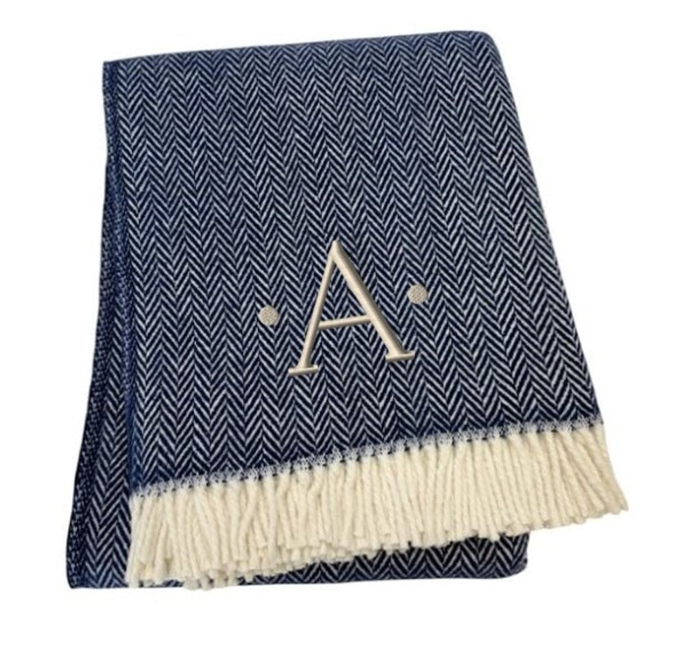 55" X 70" Navy Blue And White Herringbone Cotton Blend S Initial Throw Blanket with Tassels And Embroidery HomeRoots