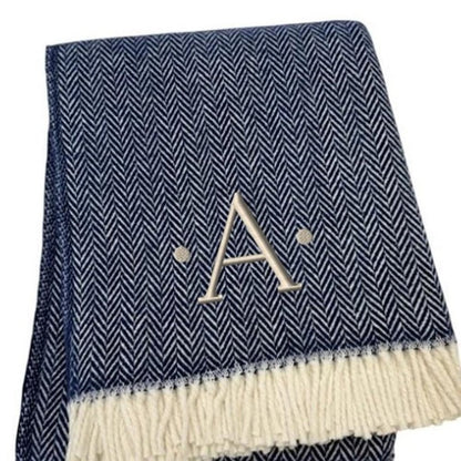 55" X 70" Navy Blue And White Herringbone Cotton Blend S Initial Throw Blanket with Tassels And Embroidery HomeRoots