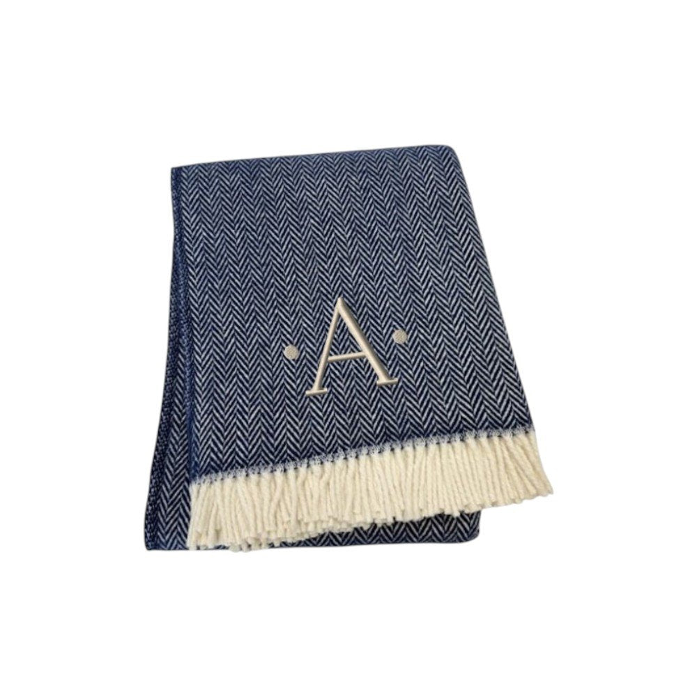 55" X 70" Navy Blue And White Herringbone Cotton Blend S Initial Throw Blanket with Tassels And Embroidery HomeRoots