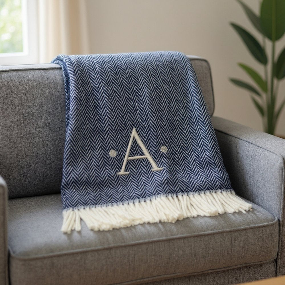 55" X 70" Navy Blue And White Herringbone Cotton Blend S Initial Throw Blanket with Tassels And Embroidery HomeRoots