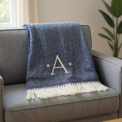 55" X 70" Navy Blue And White Herringbone Cotton Blend S Initial Throw Blanket with Tassels And Embroidery HomeRoots