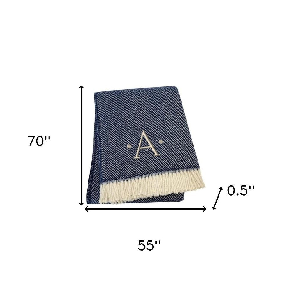 55" X 70" Navy Blue And White Herringbone Cotton Blend S Initial Throw Blanket with Tassels And Embroidery HomeRoots