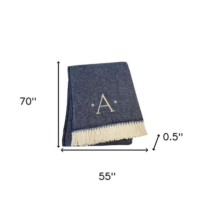55" X 70" Navy Blue And White Herringbone Cotton Blend S Initial Throw Blanket with Tassels And Embroidery HomeRoots