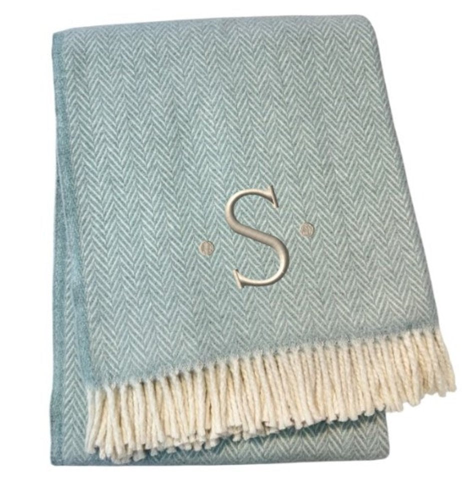 55" X 70" Sky Blue And White Herringbone Cotton Blend S Initial Throw Blanket with Tassels And Embroidery HomeRoots