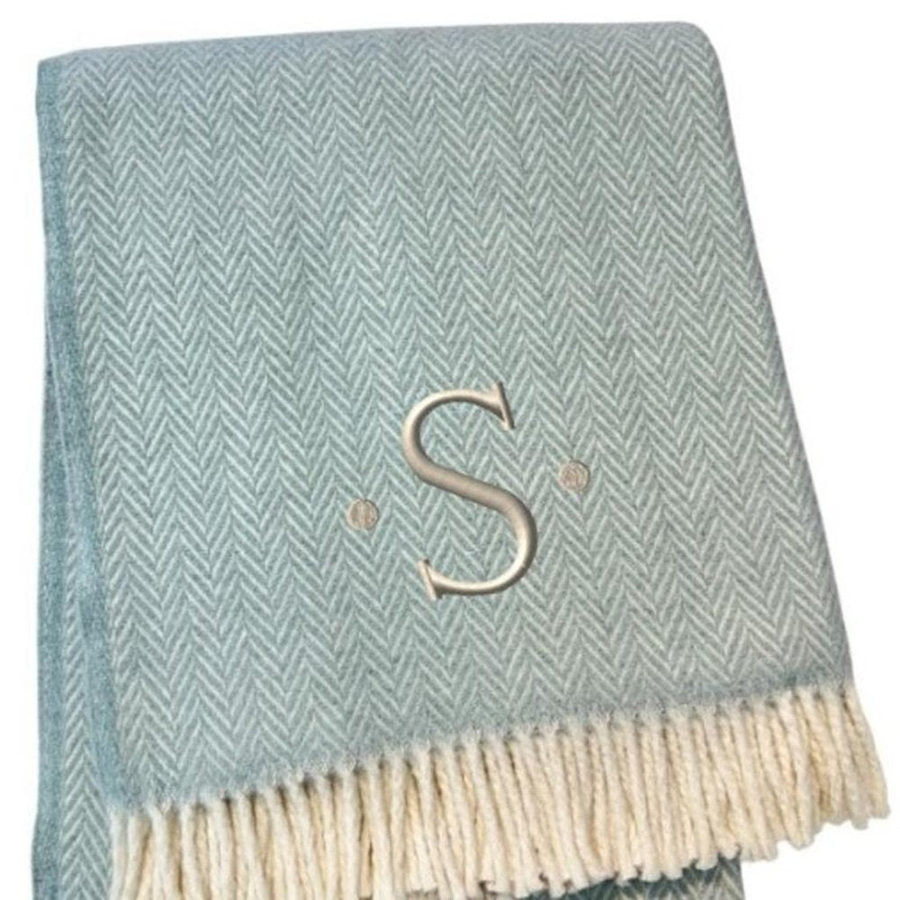 55" X 70" Sky Blue And White Herringbone Cotton Blend S Initial Throw Blanket with Tassels And Embroidery HomeRoots