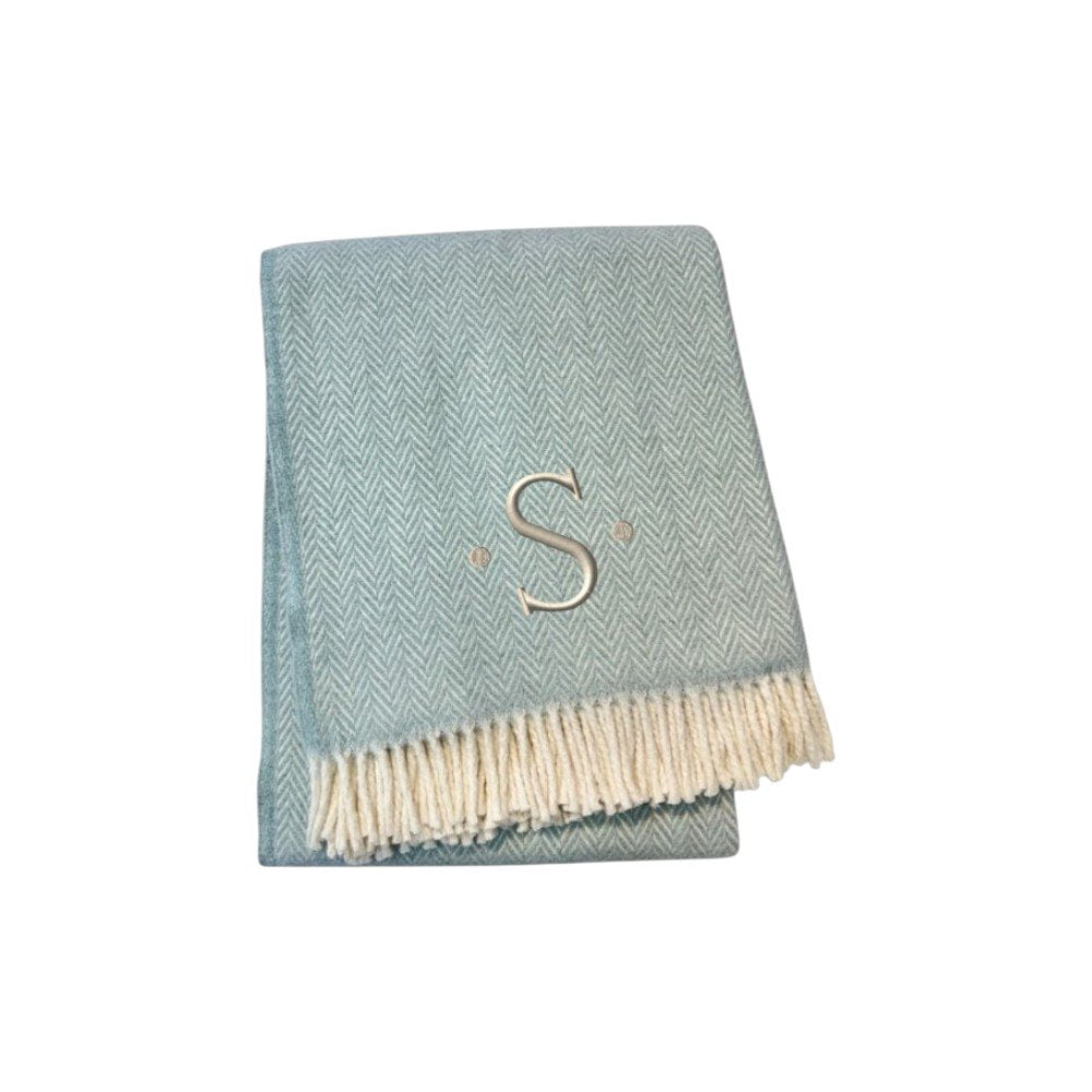 55" X 70" Sky Blue And White Herringbone Cotton Blend S Initial Throw Blanket with Tassels And Embroidery HomeRoots