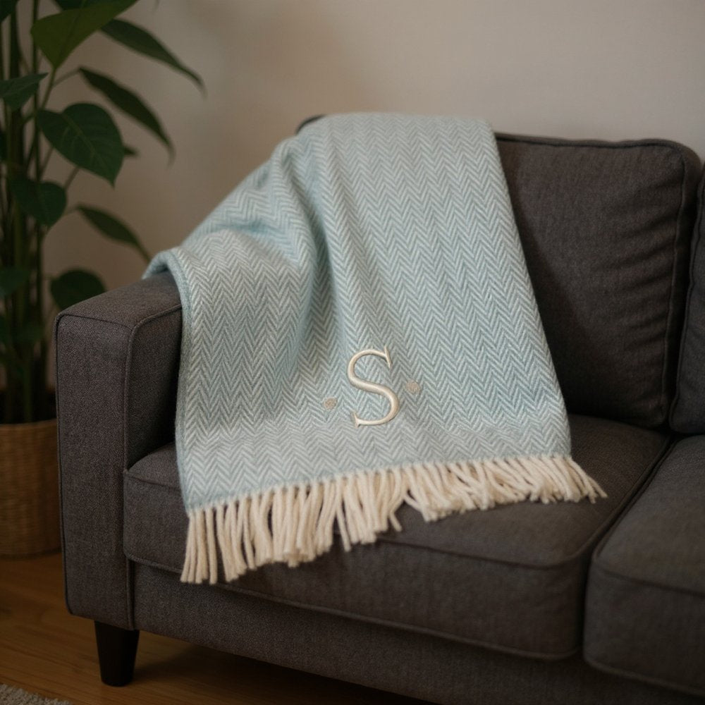 55" X 70" Sky Blue And White Herringbone Cotton Blend S Initial Throw Blanket with Tassels And Embroidery HomeRoots