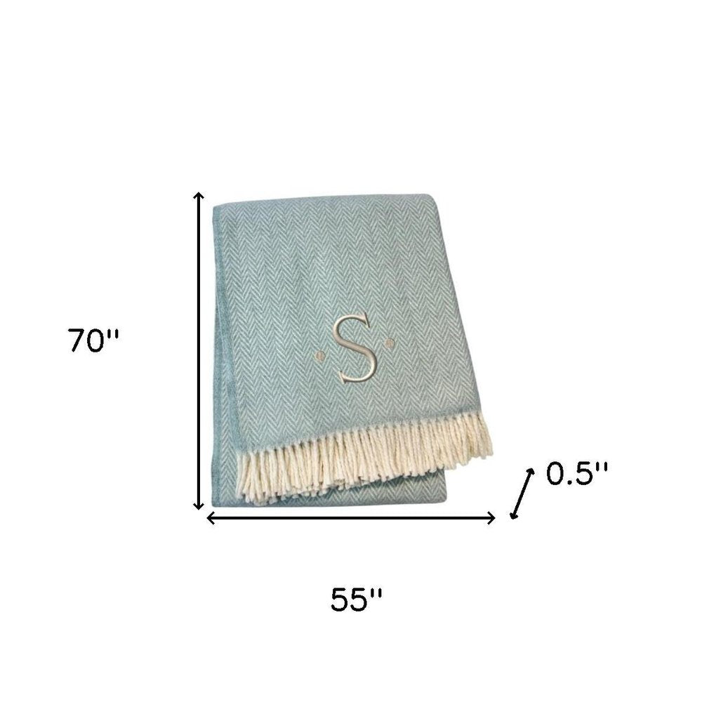 55" X 70" Sky Blue And White Herringbone Cotton Blend S Initial Throw Blanket with Tassels And Embroidery HomeRoots
