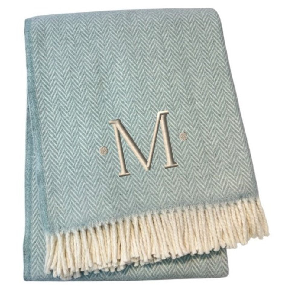 55" X 70" Sky Blue And White Herringbone Cotton Blend S Initial Throw Blanket with Tassels And Embroidery HomeRoots