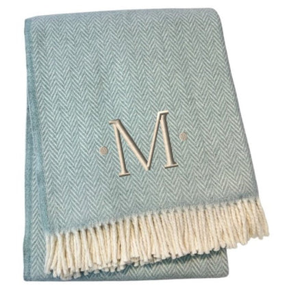 55" X 70" Sky Blue And White Herringbone Cotton Blend S Initial Throw Blanket with Tassels And Embroidery HomeRoots