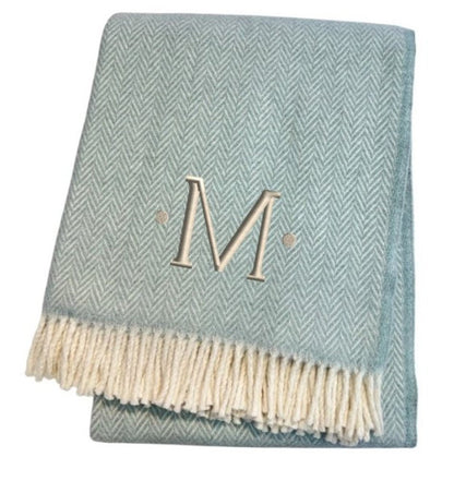 55" X 70" Sky Blue And White Herringbone Cotton Blend S Initial Throw Blanket with Tassels And Embroidery HomeRoots