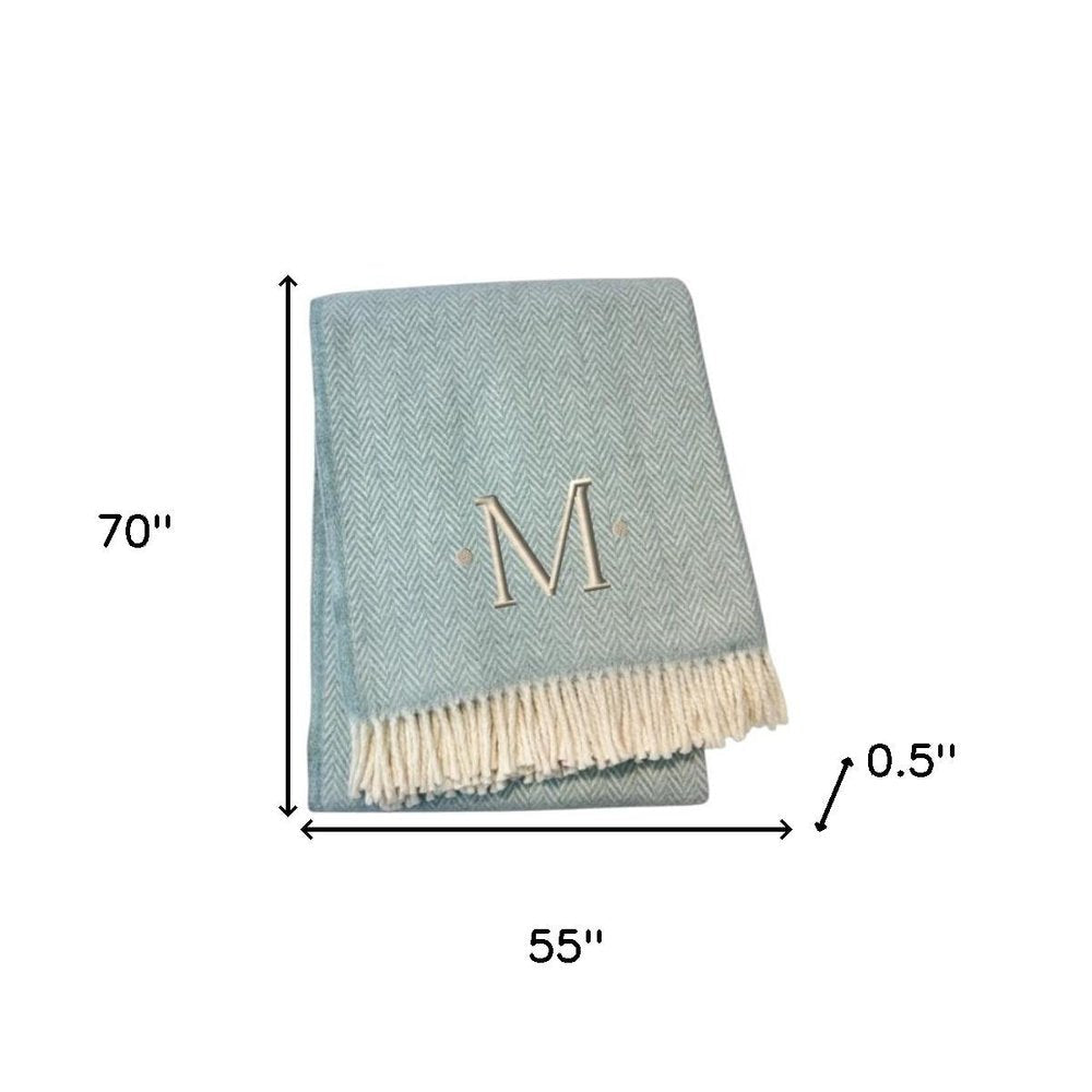 55" X 70" Sky Blue And White Herringbone Cotton Blend S Initial Throw Blanket with Tassels And Embroidery HomeRoots