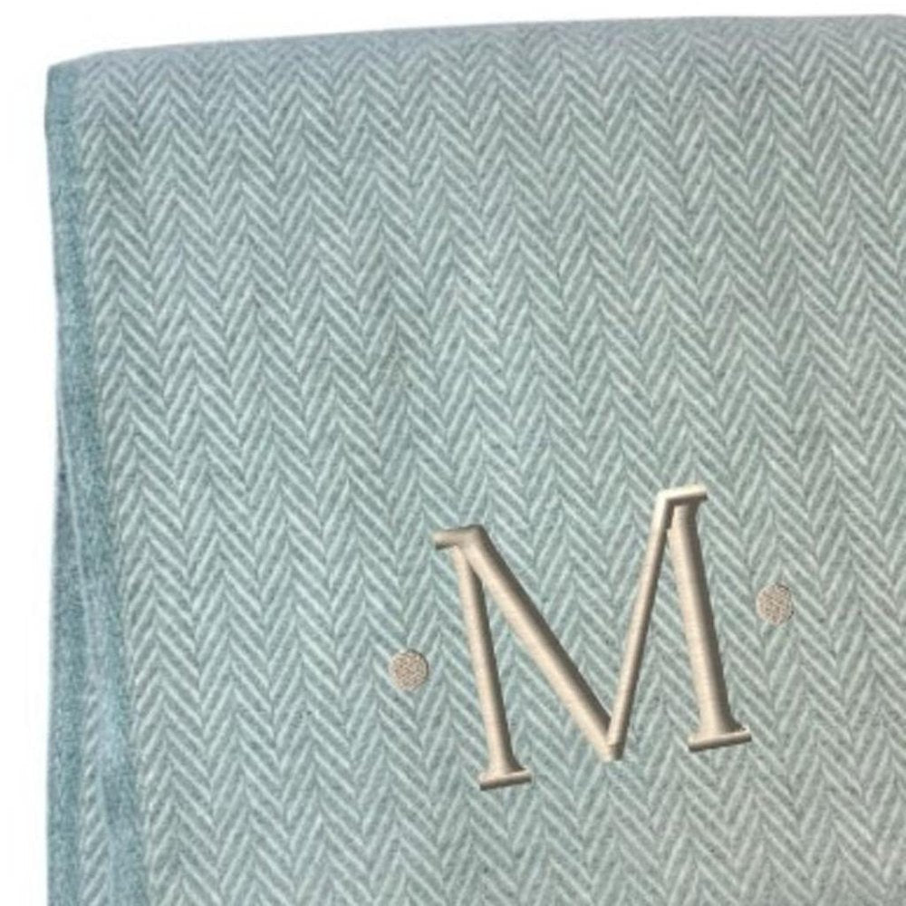 55" X 70" Sky Blue And White Herringbone Cotton Blend S Initial Throw Blanket with Tassels And Embroidery HomeRoots