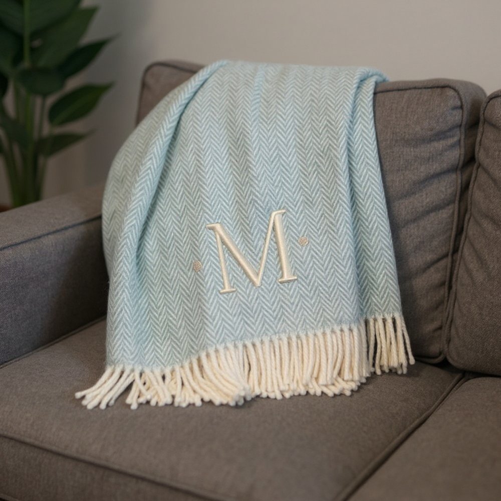 55" X 70" Sky Blue And White Herringbone Cotton Blend S Initial Throw Blanket with Tassels And Embroidery HomeRoots