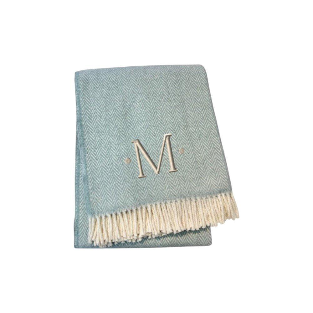 55" X 70" Sky Blue And White Herringbone Cotton Blend S Initial Throw Blanket with Tassels And Embroidery HomeRoots