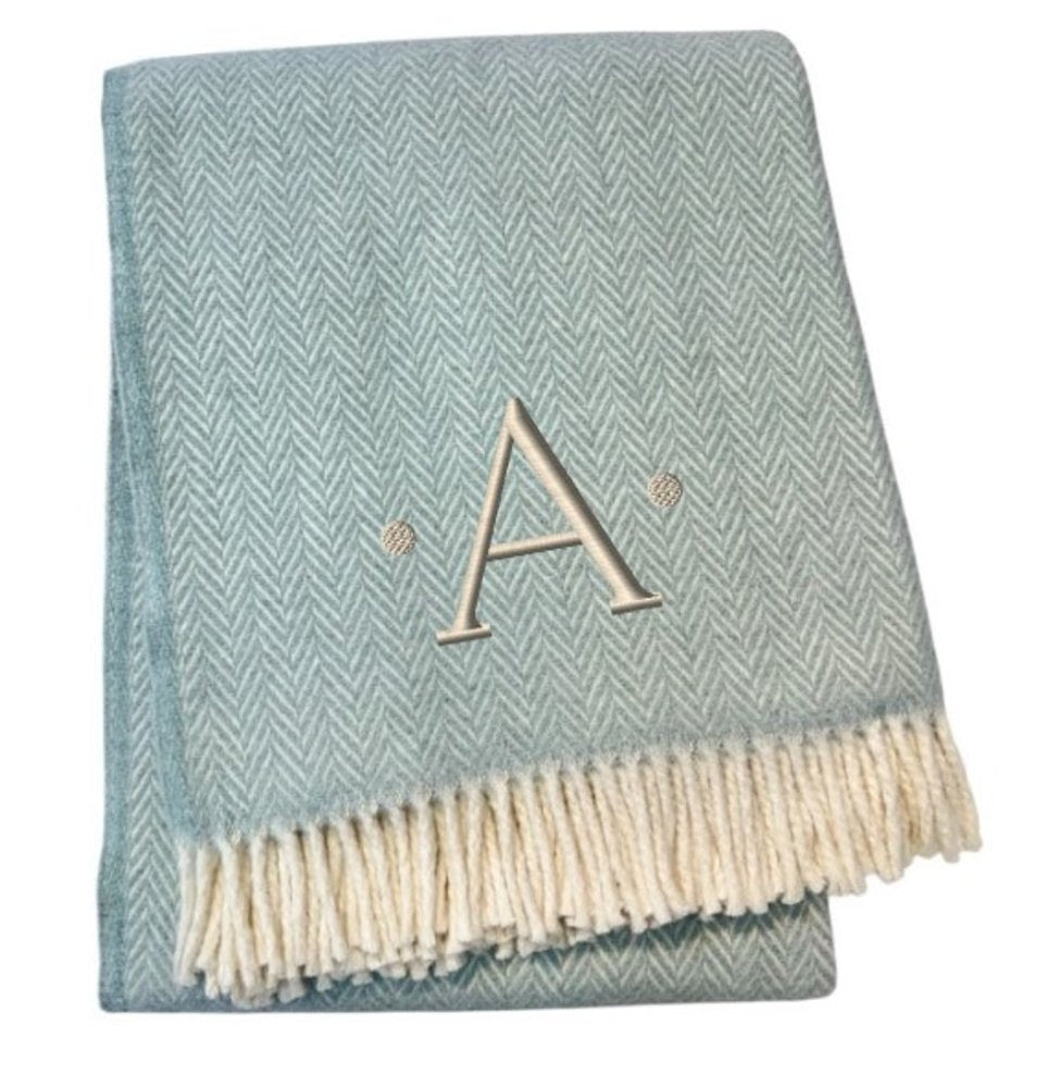 55" X 70" Sky Blue And White Herringbone Cotton Blend S Initial Throw Blanket with Tassels And Embroidery HomeRoots