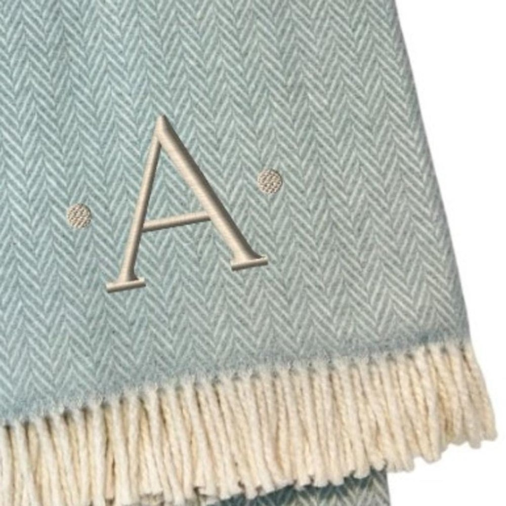 55" X 70" Sky Blue And White Herringbone Cotton Blend S Initial Throw Blanket with Tassels And Embroidery HomeRoots