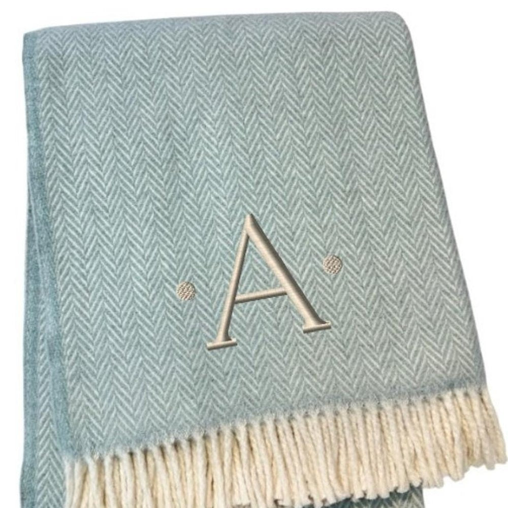 55" X 70" Sky Blue And White Herringbone Cotton Blend S Initial Throw Blanket with Tassels And Embroidery HomeRoots