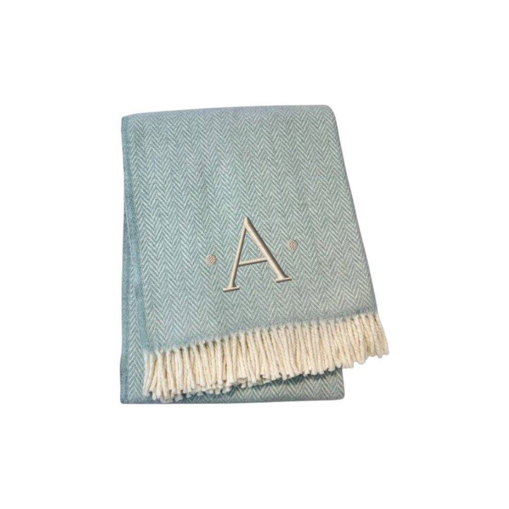 55" X 70" Sky Blue And White Herringbone Cotton Blend S Initial Throw Blanket with Tassels And Embroidery HomeRoots
