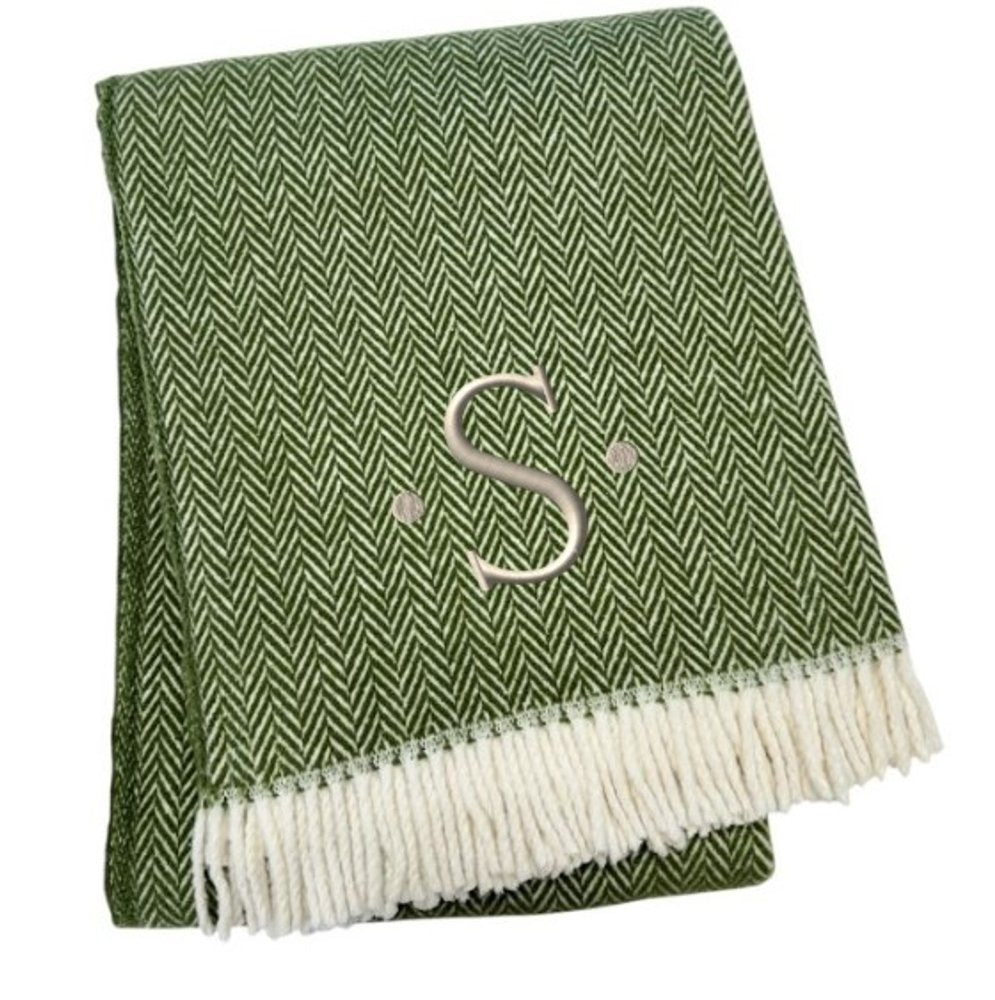 55" X 70" Moss Green And White Herringbone Cotton Blend S Initial Throw Blanket with Tassels And Embroidery HomeRoots