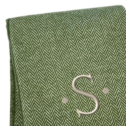 55" X 70" Moss Green And White Herringbone Cotton Blend S Initial Throw Blanket with Tassels And Embroidery HomeRoots