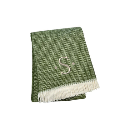 55" X 70" Moss Green And White Herringbone Cotton Blend S Initial Throw Blanket with Tassels And Embroidery HomeRoots