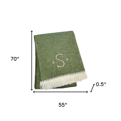 55" X 70" Moss Green And White Herringbone Cotton Blend S Initial Throw Blanket with Tassels And Embroidery HomeRoots