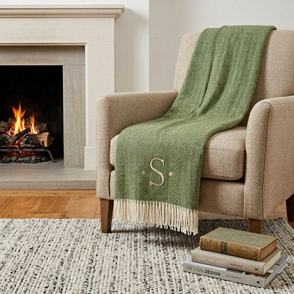 55" X 70" Moss Green And White Herringbone Cotton Blend S Initial Throw Blanket with Tassels And Embroidery HomeRoots