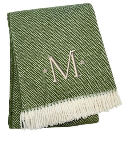 55" X 70" Moss Green And White Herringbone Cotton Blend S Initial Throw Blanket with Tassels And Embroidery HomeRoots