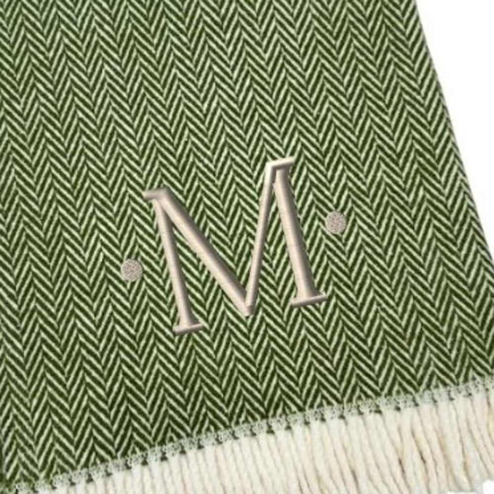 55" X 70" Moss Green And White Herringbone Cotton Blend S Initial Throw Blanket with Tassels And Embroidery HomeRoots