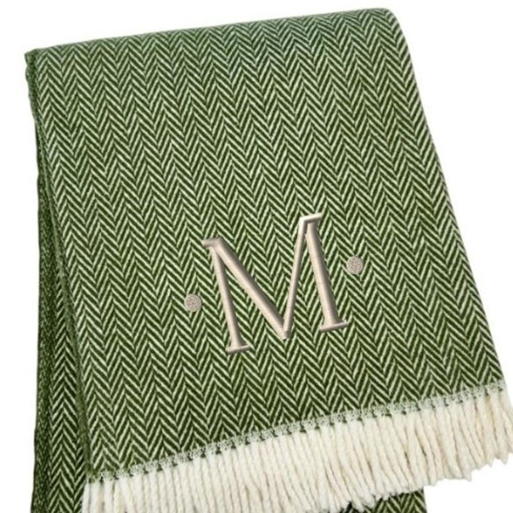 55" X 70" Moss Green And White Herringbone Cotton Blend S Initial Throw Blanket with Tassels And Embroidery HomeRoots