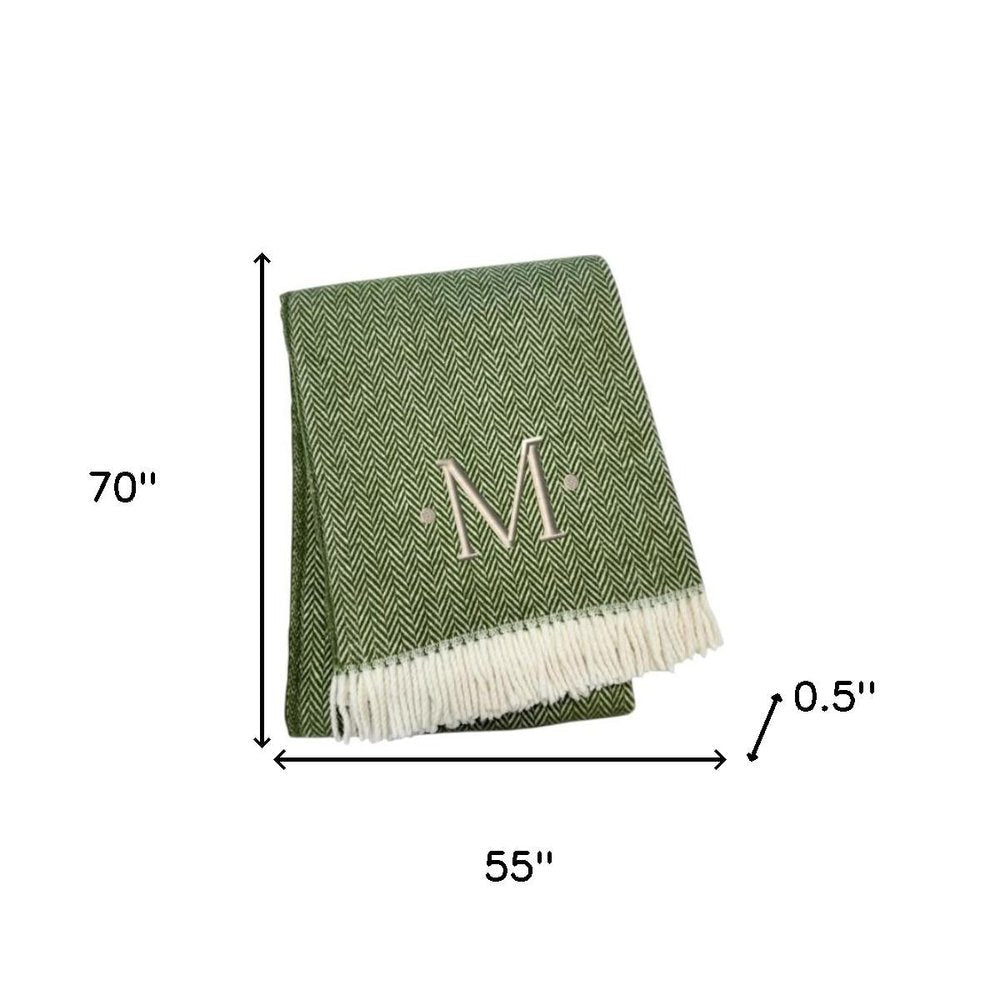 55" X 70" Moss Green And White Herringbone Cotton Blend S Initial Throw Blanket with Tassels And Embroidery HomeRoots