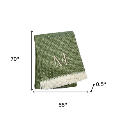 55" X 70" Moss Green And White Herringbone Cotton Blend S Initial Throw Blanket with Tassels And Embroidery HomeRoots