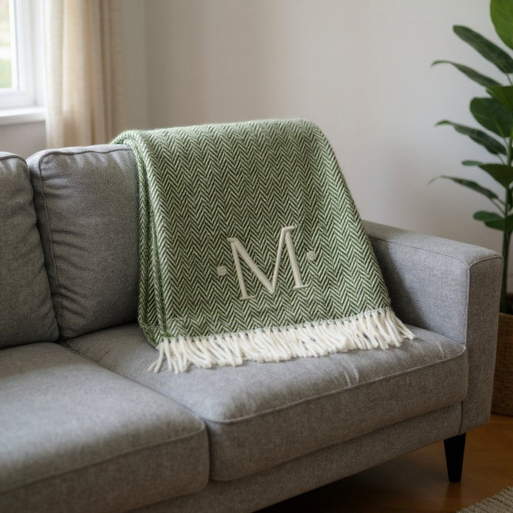 55" X 70" Moss Green And White Herringbone Cotton Blend S Initial Throw Blanket with Tassels And Embroidery HomeRoots