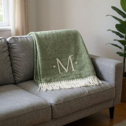 55" X 70" Moss Green And White Herringbone Cotton Blend S Initial Throw Blanket with Tassels And Embroidery HomeRoots