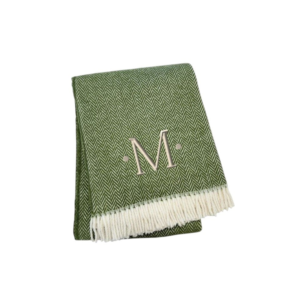 55" X 70" Moss Green And White Herringbone Cotton Blend S Initial Throw Blanket with Tassels And Embroidery HomeRoots