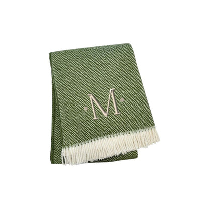 55" X 70" Moss Green And White Herringbone Cotton Blend S Initial Throw Blanket with Tassels And Embroidery HomeRoots
