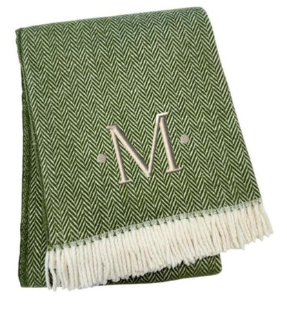 55" X 70" Moss Green And White Herringbone Cotton Blend S Initial Throw Blanket with Tassels And Embroidery