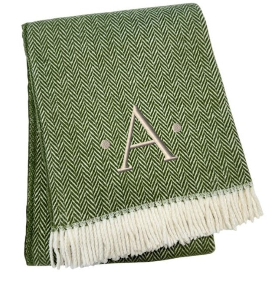 55" X 70" Moss Green And White Herringbone Cotton Blend S Initial Throw Blanket with Tassels And Embroidery HomeRoots