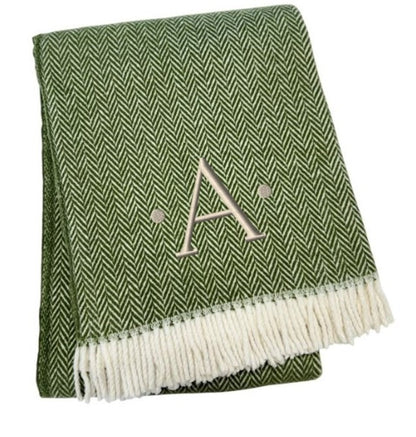 55" X 70" Moss Green And White Herringbone Cotton Blend S Initial Throw Blanket with Tassels And Embroidery HomeRoots