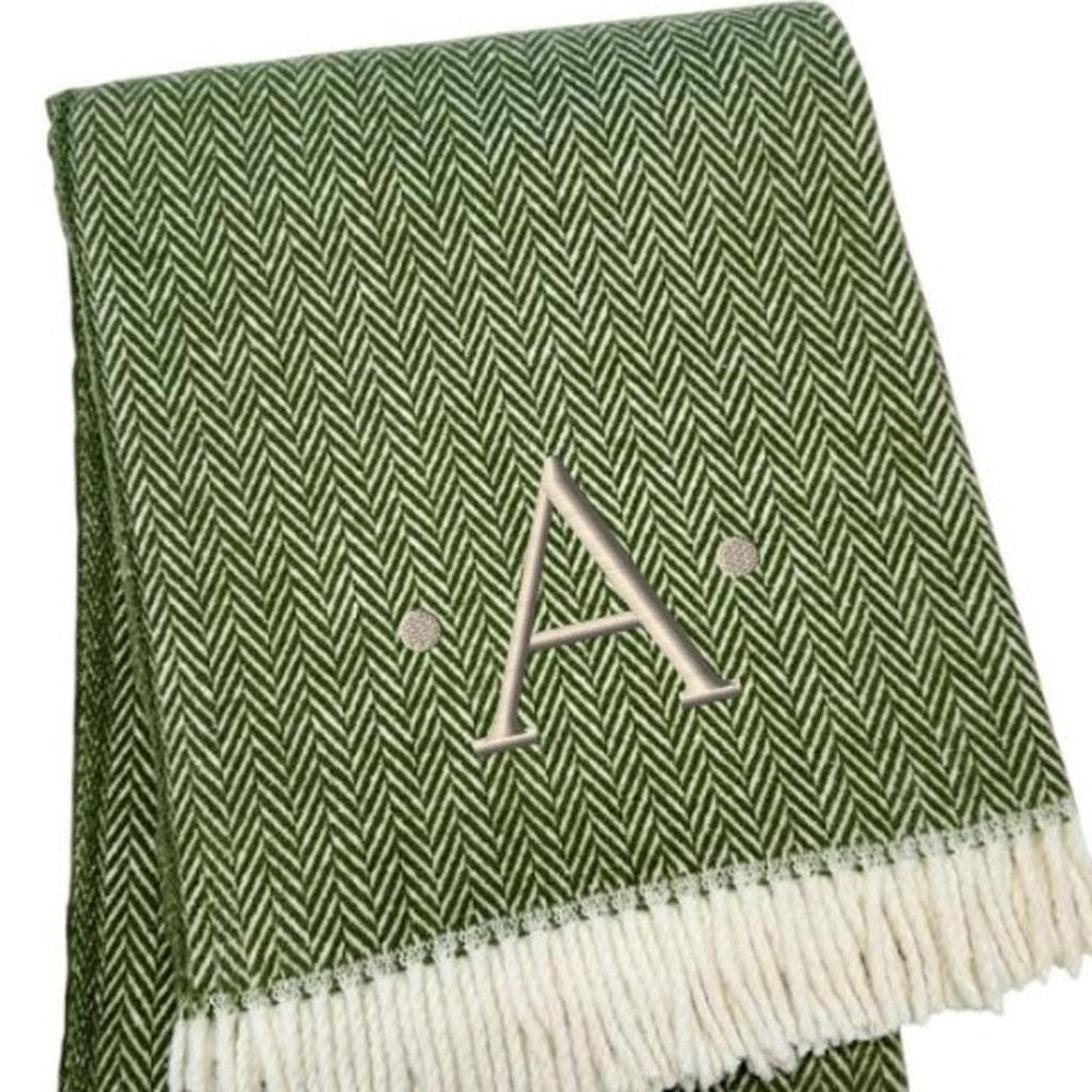 55" X 70" Moss Green And White Herringbone Cotton Blend S Initial Throw Blanket with Tassels And Embroidery HomeRoots