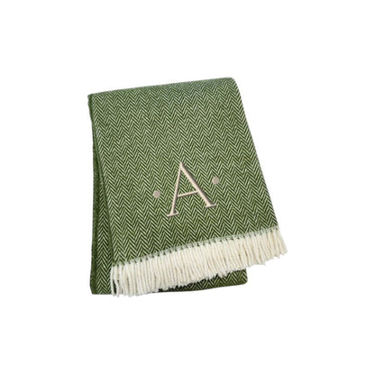 55" X 70" Moss Green And White Herringbone Cotton Blend S Initial Throw Blanket with Tassels And Embroidery HomeRoots